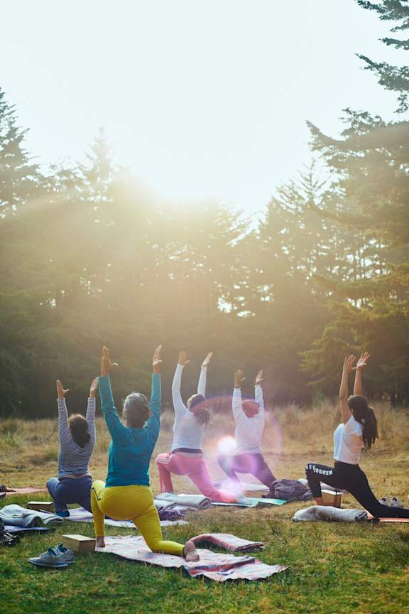 a group of people doing yoga in the woods