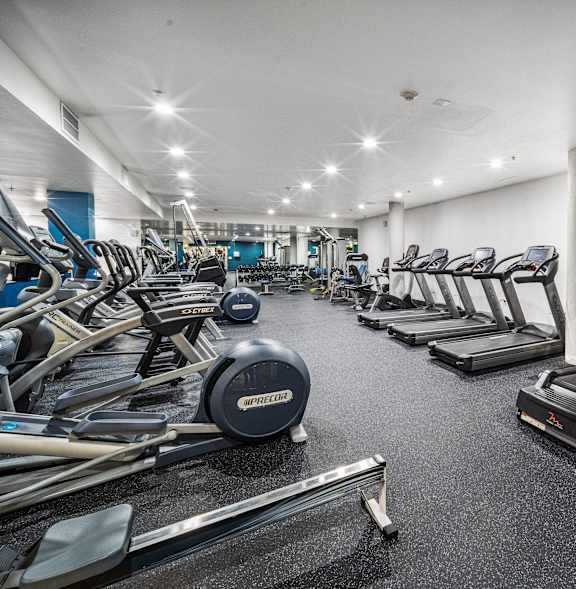 a gym full of cardio equipment and weights in a building at Esprit Apartments, Marina del Rey, CA