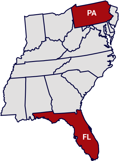 A map of the United States with Pennsylvania and Florida highlighted.
