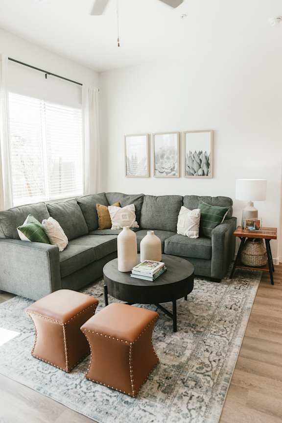 a living room with a grey couch and a coffee table