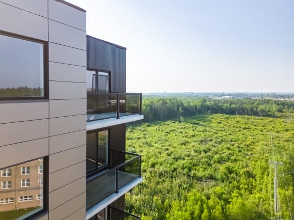 a view of the forest from the balcony of a modern building