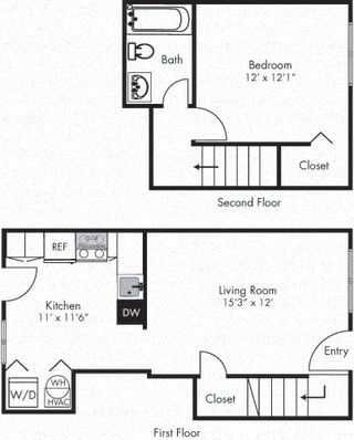 Aspen 1 Bedroom Townhome. Eat-in Kitchen and Living on first. Bedroom and full bath on second.