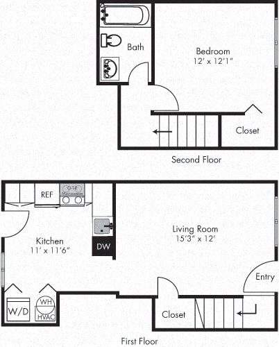 Aspen 1 Bedroom Townhome. Eat-in Kitchen and Living on first. Bedroom and full bath on second.