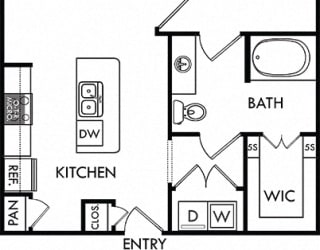 The Bryant. 1 bedroom apartment. Kitchen with island open to living room. 1 full bathroom. Walk-in closet. Patio/balcony.
