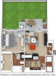 3D Lady Bird 1 bedroom apartment with fenced-in yard. Kitchen with bartop open to living area. 1 full bath. Expansive walk-in closet. Patio/balcony.