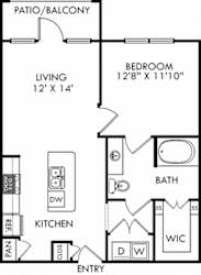 The Bryant. 1 bedroom apartment. Kitchen with island open to living room. 1 full bathroom. Walk-in closet. Patio/balcony.