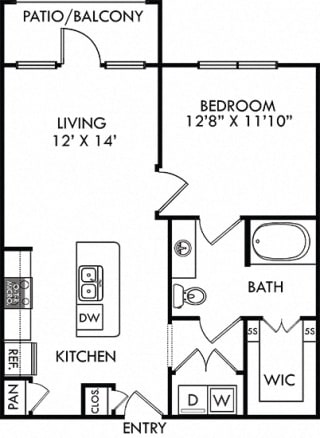 The Bryant. 1 bedroom apartment. Kitchen with island open to living room. 1 full bathroom. Walk-in closet. Patio/balcony.
