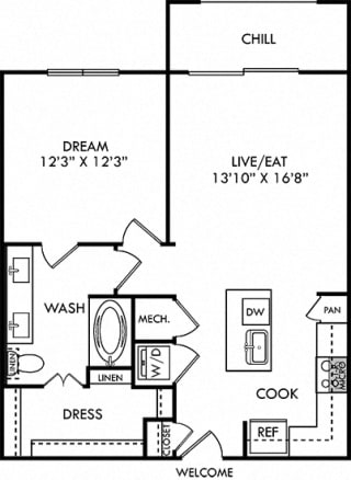 Hays Hays 1 Bedroom floor plan apartment with entry closet. L-shaped kitchen with island, open to living area, 1 bath with double vanity sink and walk-in closet. in-unit laundry. balcony.