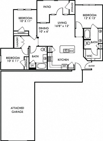Nolan with Attached Garage. 3 bedroom apartment. Kitchen with island open to living/dinning rooms. 2 full bathrooms, double vanity in master. Walk-in closets. Patio/balcony.