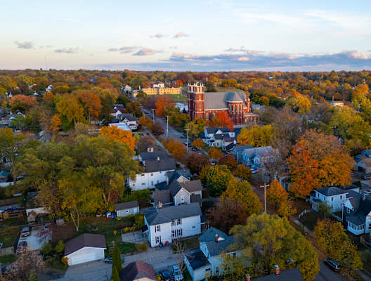 A small town with a church in the center.
