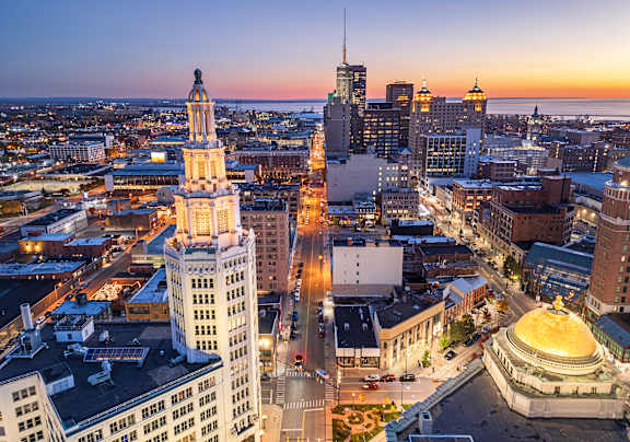 A cityscape with a large building at The Lofts at Elk Terminal Apartments, Buffalo, NY