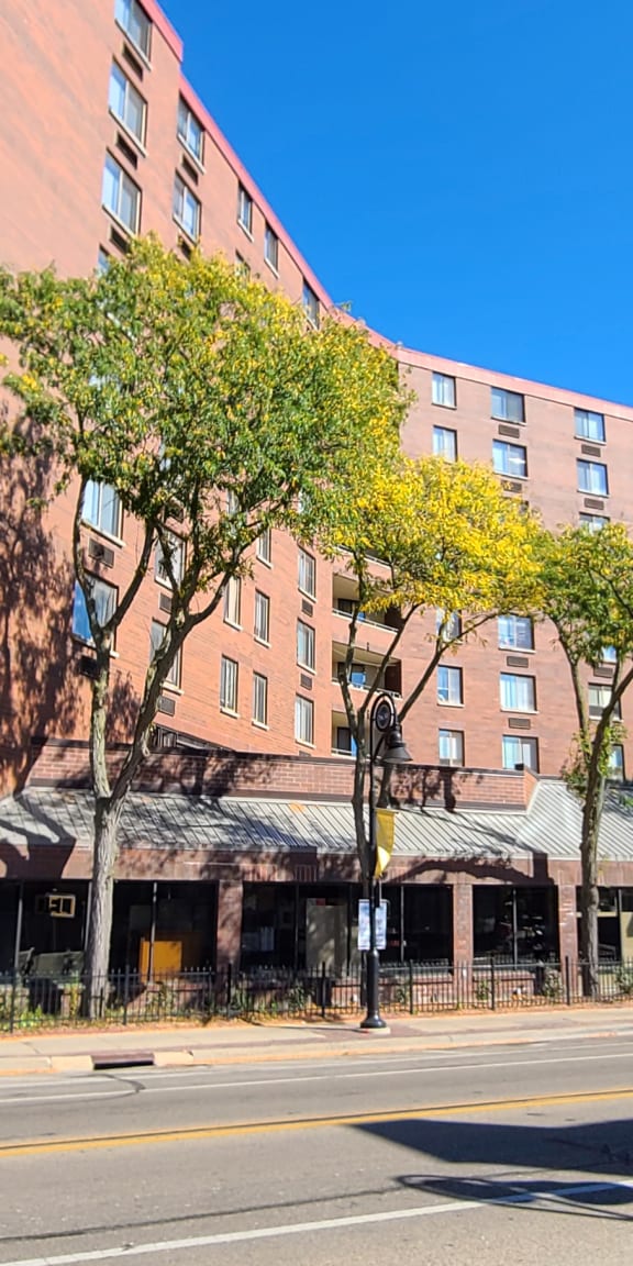 a city street in front of a tall brick building with trees