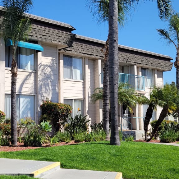 a building with a blue awning and palm trees in front of it