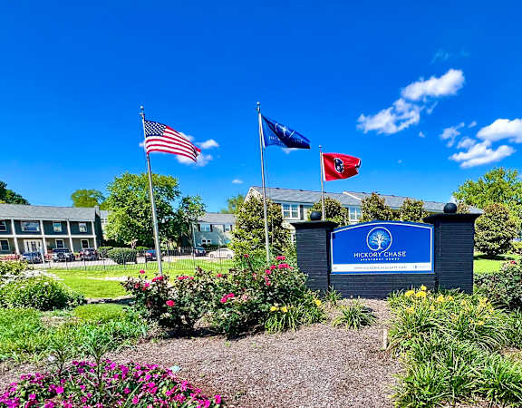 a garden with flowers and flags in front of a building