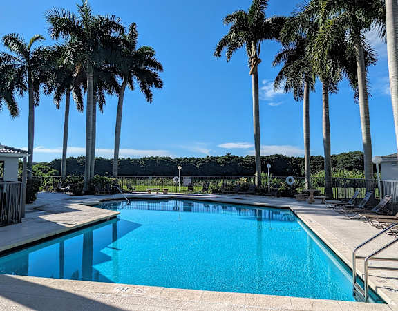 a swimming pool with palm trees in front of a building