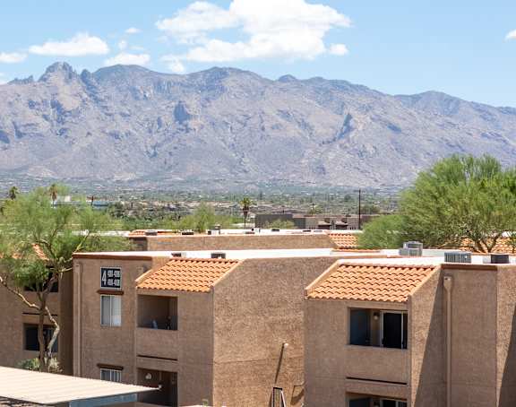 A mountain range is in the background of a town.