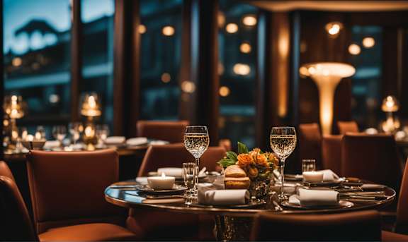 A well-set dining table with a view of the city at night.