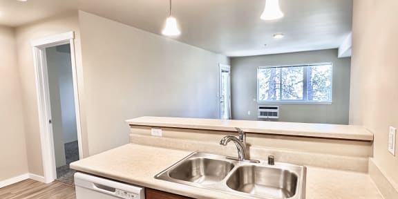 an empty kitchen with a sink and a window