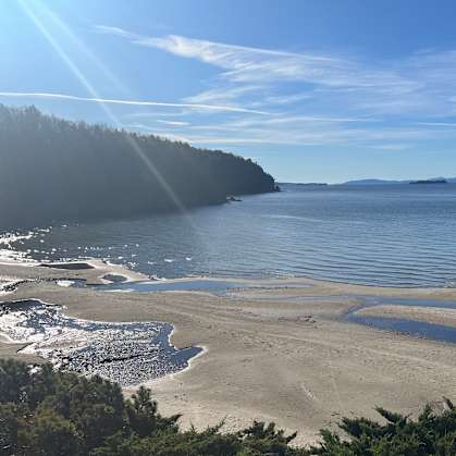 A beach with a chain fence in the foreground and a body of water in the background.