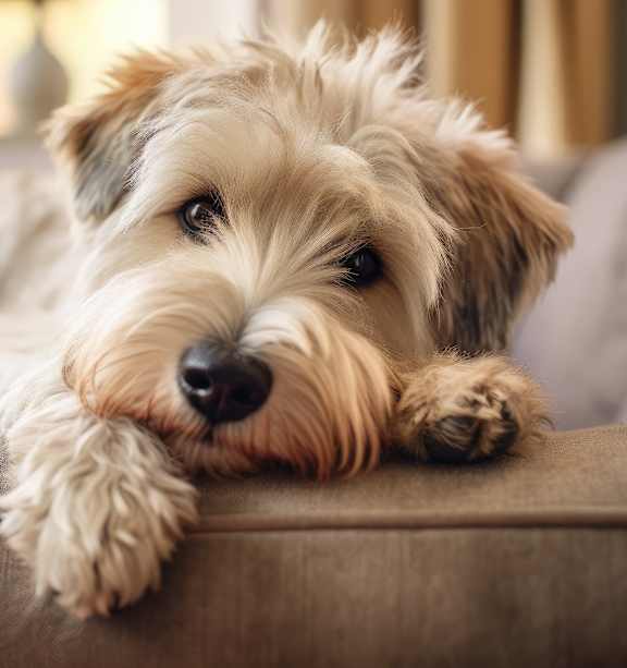 A dog laying on a couch at Casa de Luna Apartments, Raleigh, 27604