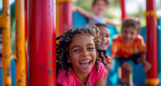 A young girl with curly hair is smiling and playing on a playground.