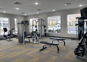 Thumbnail 7 of 7 - A gym with a variety of equipment including a treadmill, weights, and a bench.