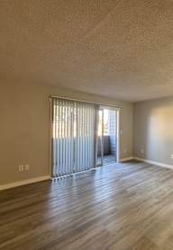 A room with a sliding glass door and a window with blinds.