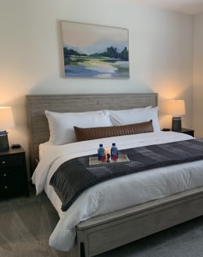 a bedroom with a bed in a room