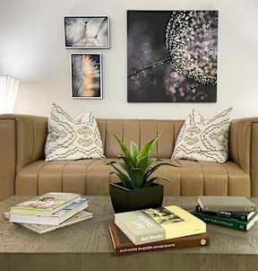 a living room with a couch and a table with books and a plant