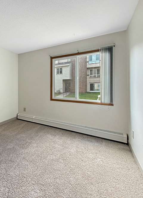 A room with a carpeted floor and two wooden doors.