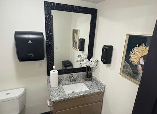 A bathroom with a toilet, sink, mirror, and a painting on the wall at Waverly Manor Townhomes, Georgia
