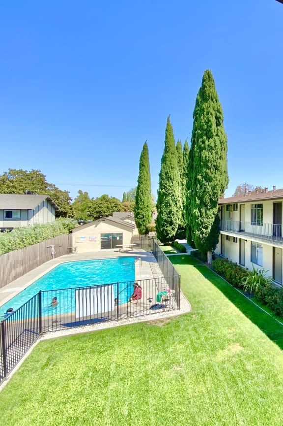 a backyard with a pool and a fence