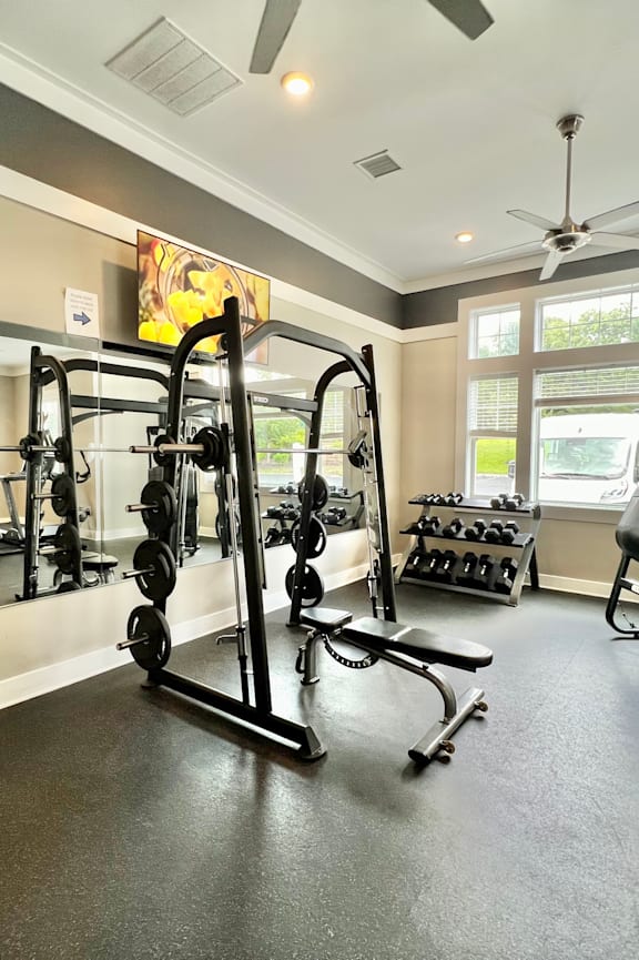 A spacious home gym with a variety of exercise equipment.