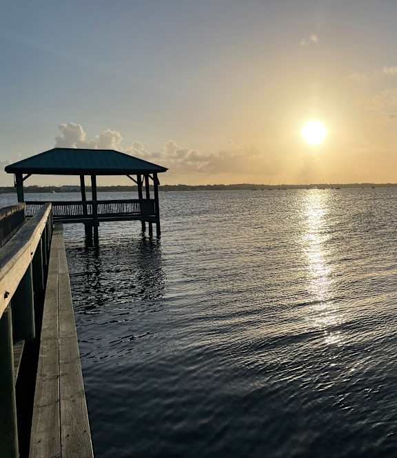 A wooden pier extends into a calm body of water with a sunset in the background.