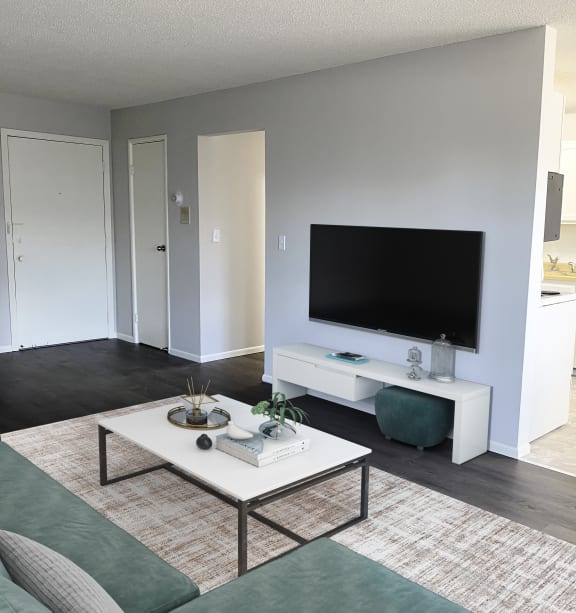 a living room with couches a table and chairs and a flat screen tv