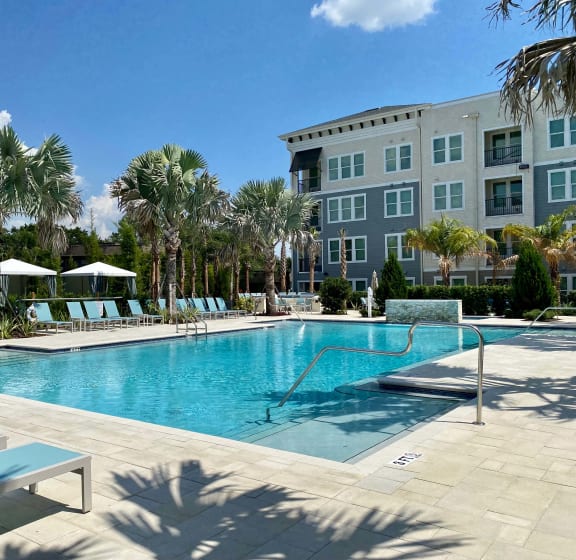 a swimming pool with palm trees in front of an apartment building  at Waverly Terrace Luxury Apartments in Temple Terrace
