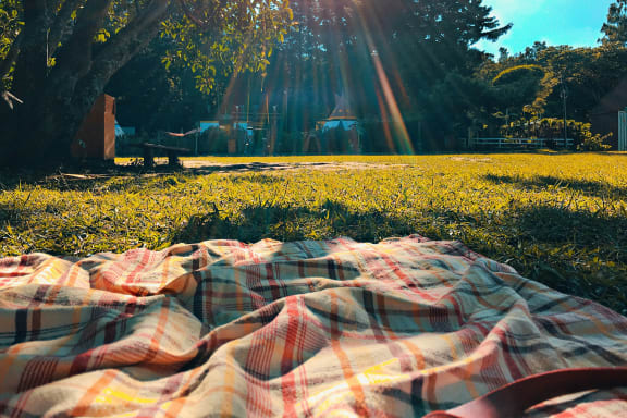 a picnic blanket in the grass with the sun shining on it at The Arbors Apartments, Santa Ana , California