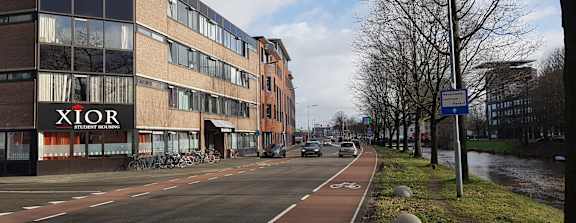 A bike lane is on the right side of a street with a building that says Xtior on the left.