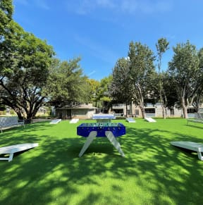 A blue picnic table is in the middle of a grassy area. at Polo Clubs Apartments, Austin, TX 78729