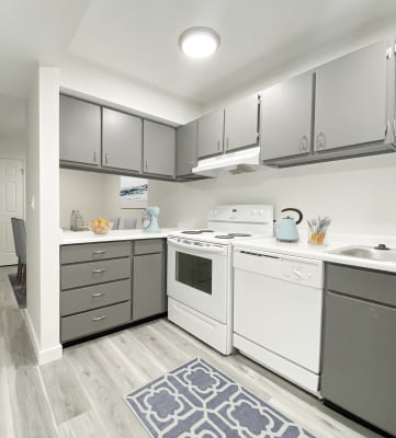 a kitchen with white appliances and gray cabinets at Summit, Pocatello, 83201