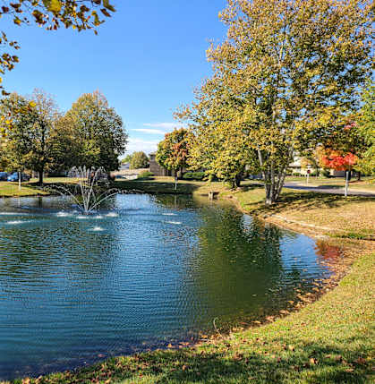 a fountain in the middle of a pond in a park