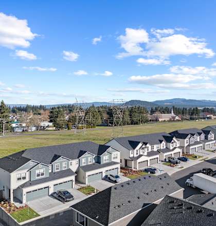 A row of houses with a mountain in the background.