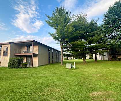 building with trees and a yard