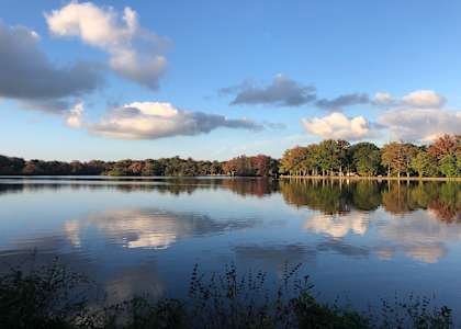 A serene lake surrounded by trees and a clear sky.