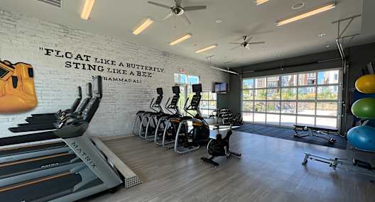 a gym with treadmills and other exercise equipment