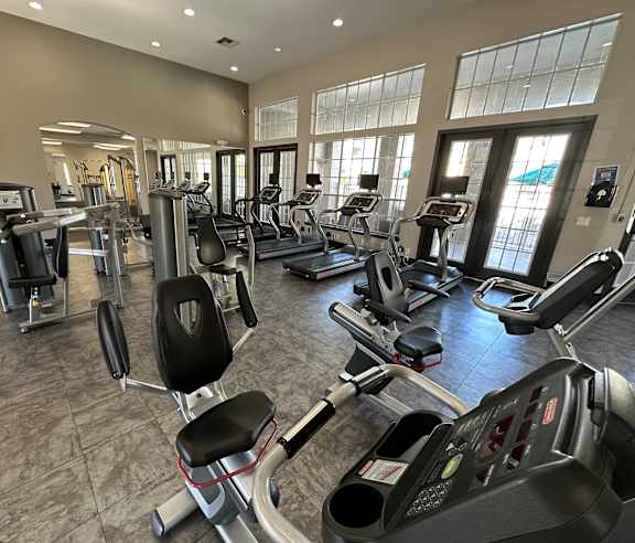 A gym with treadmills and elliptical machines.