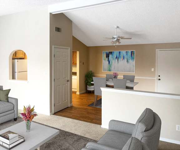 a living room with a couch and a table