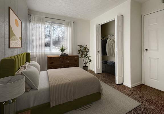 A bedroom with a bed, dresser, and closet.