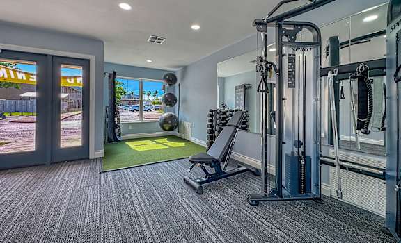 A gym with a variety of equipment including a squat rack and a bench.