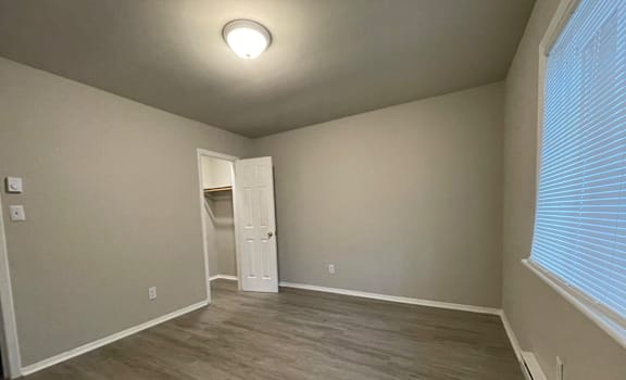 A room with a wooden floor and a white door.